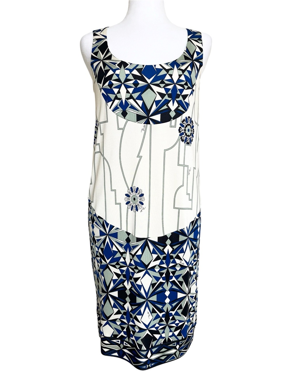 Vintage Emilio Pucci Blue Off White Sleeveless Silk Mosaic Print Mini Dress 40 6